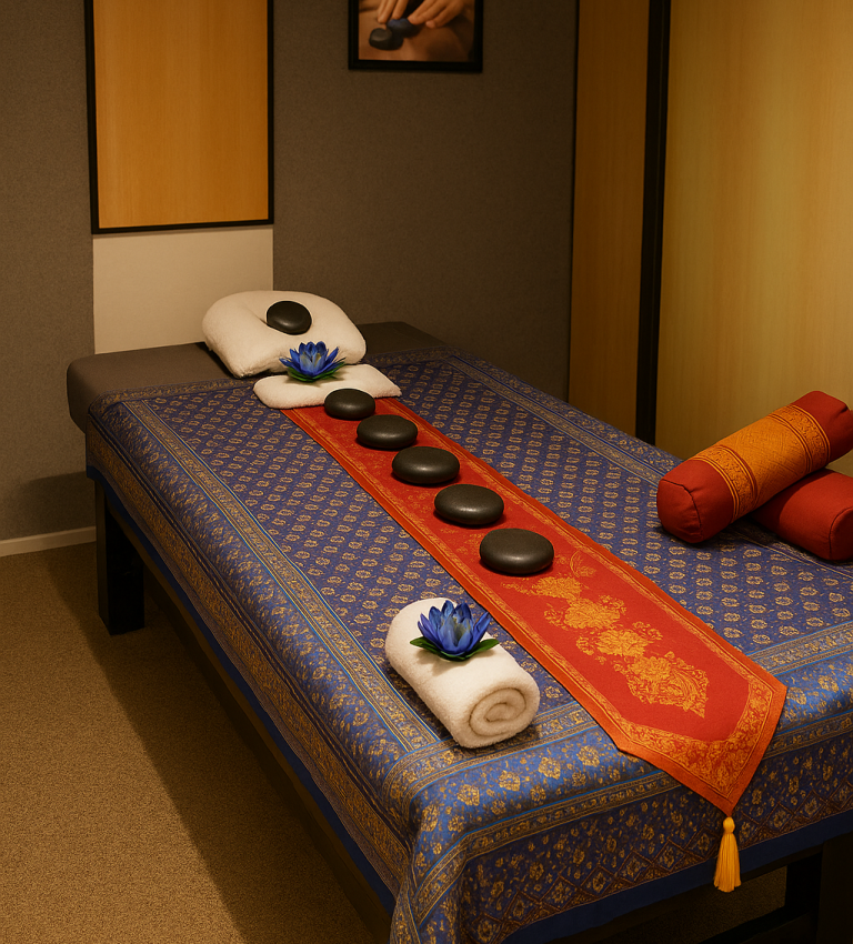 Massagetisch mit heißen Steinen, dekoriert mit Blumen und Handtüchern.