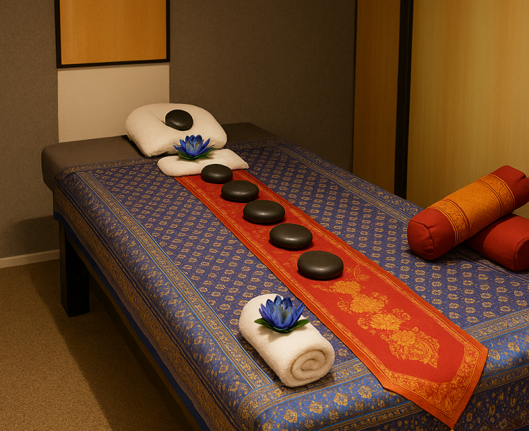 Einzelmassage Raum Wasana Kelmis Massagetisch mit heißen Steinen, dekoriert mit Blumen und Handtüchern.