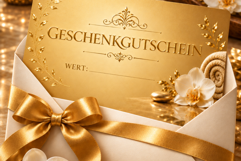 Wasana Massage-Geschenkgutschein Geschenkgutschein mit rosa Hintergrund, Schleife und Wellness-Motive.