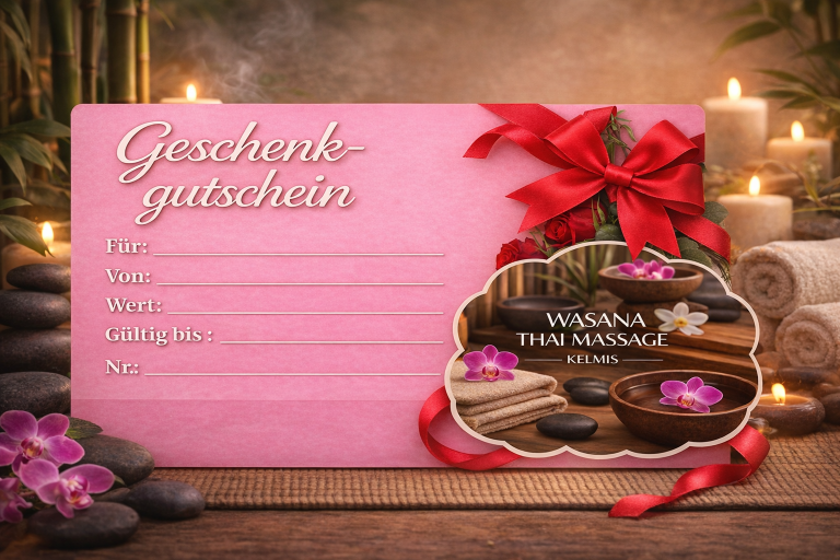 Wasana Massage-Geschenkgutschein Geschenkgutschein mit rosa Hintergrund, Schleife und Wellness-Motive.